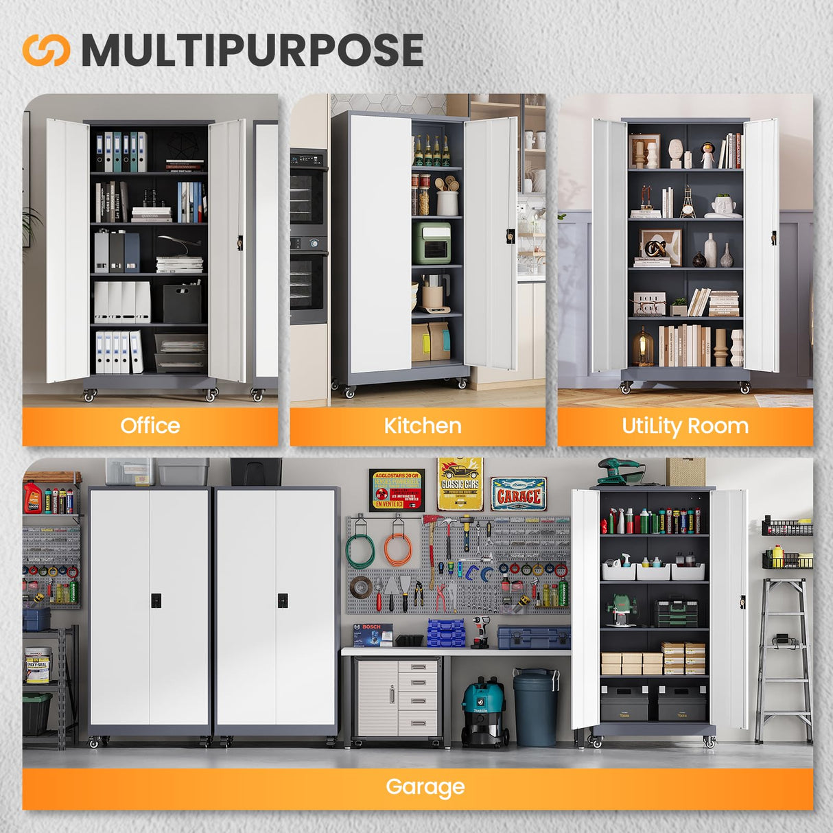 AFAIF Garage Cabinet with Wheels and Adjustable Shelves, Metal Garage Storage Cabinets with 2 Doors, Storage Caninet with Lock, Large Tool Cabnet for Workshop/Home/Office-(Gray White 75”H) AFAIF