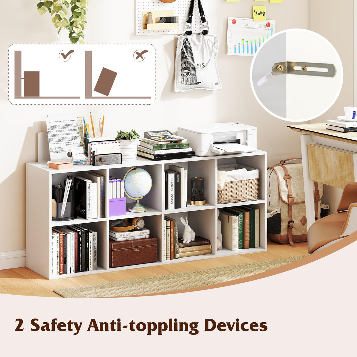 Tangkula 8-Cube Bookcase, Large Floor Standing Horizontal Bookshelf with 8 Open Shelves & 2 Anti-Tipping Kits, Home Office Wooden Storage Book Shelf for Living Room, Study (White, 8-Cube) Tangkula