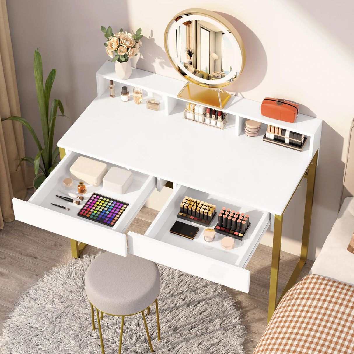 GreenForest Vanity Desk with 2 Drawers, White Makeup Desk with 3 Storage Spaces, 40 inch Small Desk with Gold Metal Legs, Modern Home Office Desk for Kids, Bedroom (No Mirror) GreenForest