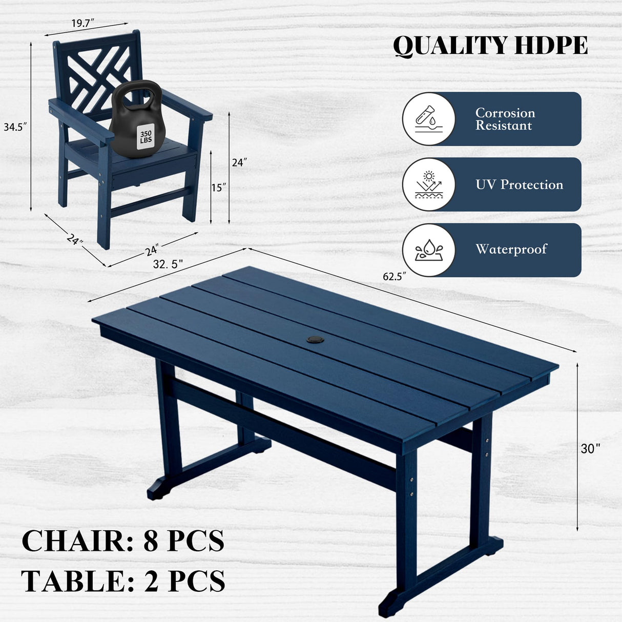 HDPE Outdoor Dining Set,10-Piece Outdoor Table and Chairs Include 8 Dining Chairs and 2 Pcs 62.5" Patio Dining Table with Umbrella Hole (Blue) AZXZCS