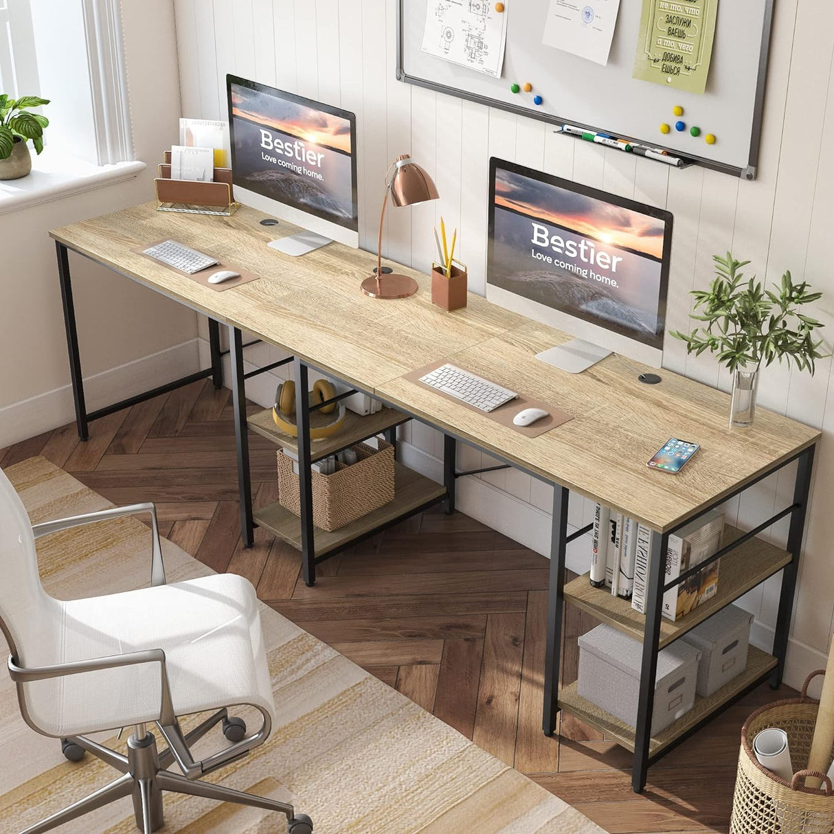 Bestier 95.2” L Shaped Desk, Reversible Corner Computer Desk or 2 Person Long Table with Adjustable Shelves, Large Writing Study Workstation with 3 Cable Holes - Oak Bestier
