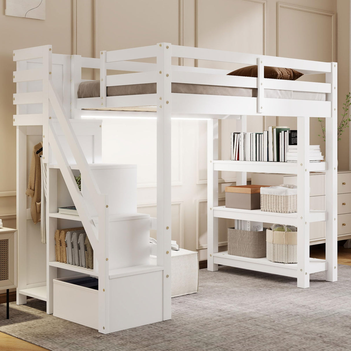 Harper & Bright Designs Twin Size Loft Bed with Stairs and LED Lights, Wood Twin Loft Bed with Storage Shelves and Wardrobe, Loft Bed Frame with Guardrails for Kids Girls Boys, White Harper & Bright Designs