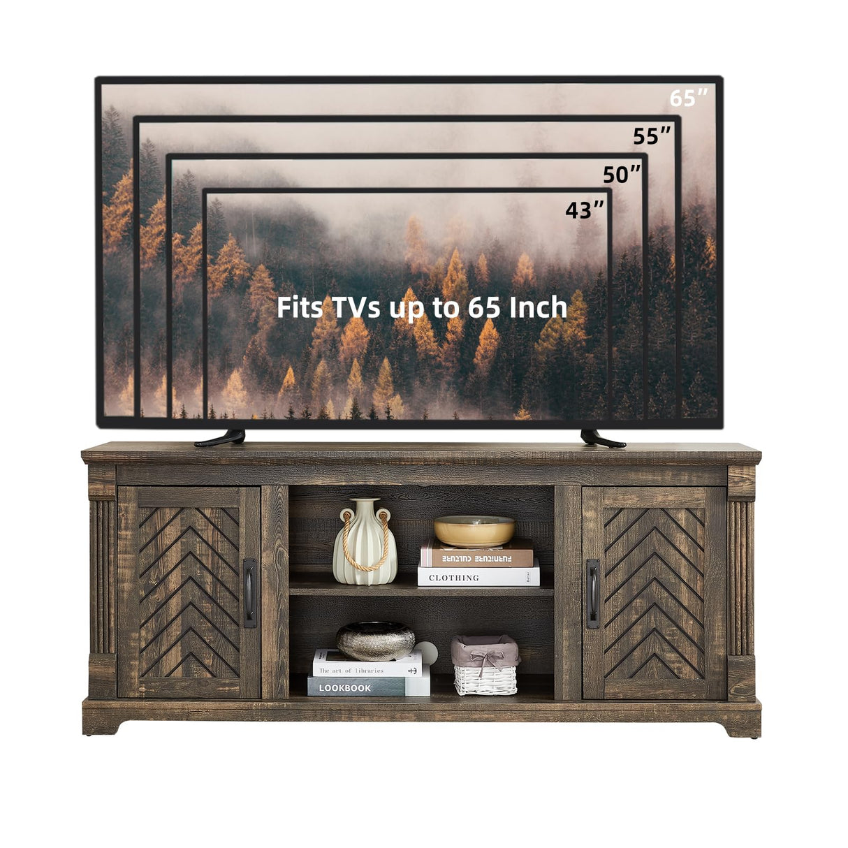 Minifeel Farmhouse TV Stand for 65+ Inch TV, 25" Tall Entertainment Center with Barn Door, Rustic TV Stands for Bedroom with Adjustable Shelf, Wooden TV Consoles for Living Room, Dark Rustic Oak Minifeel