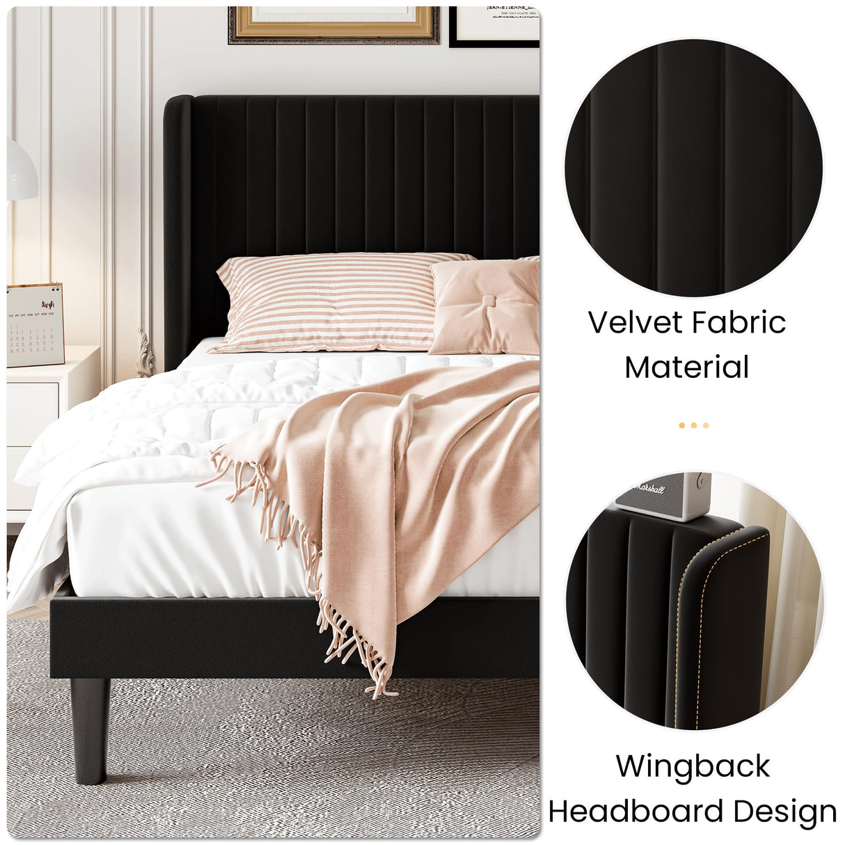 SHA CERLIN Full Size Velvet Bed Frame with Vertical Channel Tufted Wingback Headboard, Upholstered Platform Bed with Wood Slats, No Box Spring Needed, Easy Assembly, Black SHA CERLIN