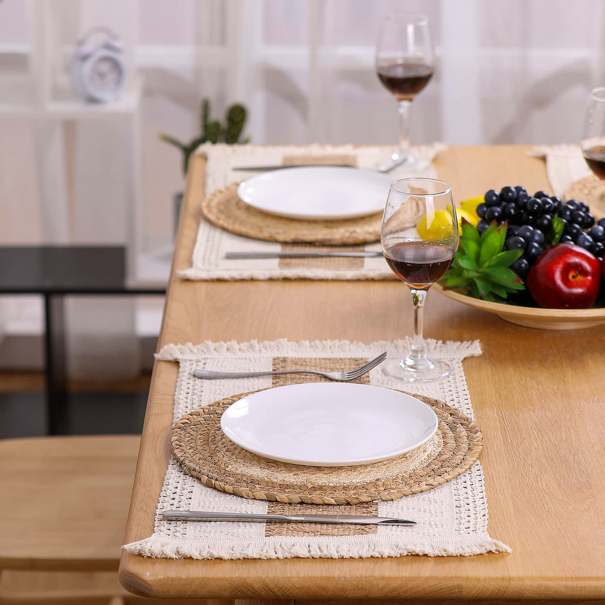 Zology Handmade Boho Placemats Set of 4 - Natural Cotton Burlap and Water Straw Woven Combination Table Mats, Macrame Décor and Farmhouse Style Placemats, for Dining Table Kitchen Zology