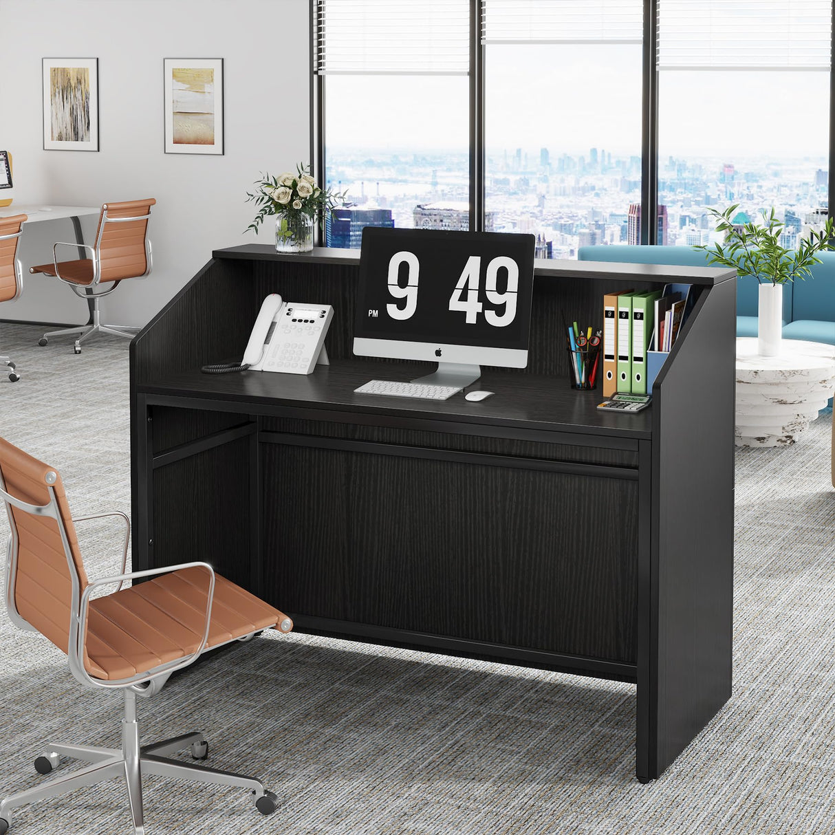 Tribesigns Reception Desk with Counter, Modern Front Desk Reception Room Table with Cable Grommet, 47 inch Retail Counter for Checkout, Lobby, Beauty Salon, Home Office Desk, Black Tribesigns