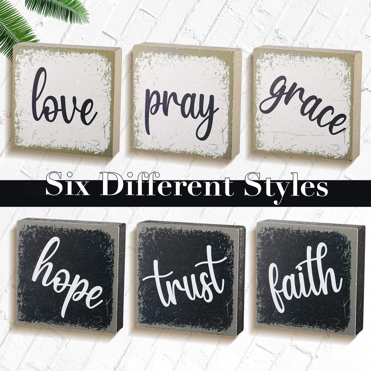 Qunclay 6 Pieces Farmhouse Tiered Tray Decor Inspirational Rustic Wood Sign Faith Love Hope Wooden Table Decorations Art Print Wooden Block Signs for Office Home Tabletop Bookshelf, 2.5 x 2.5 Inch Qunclay