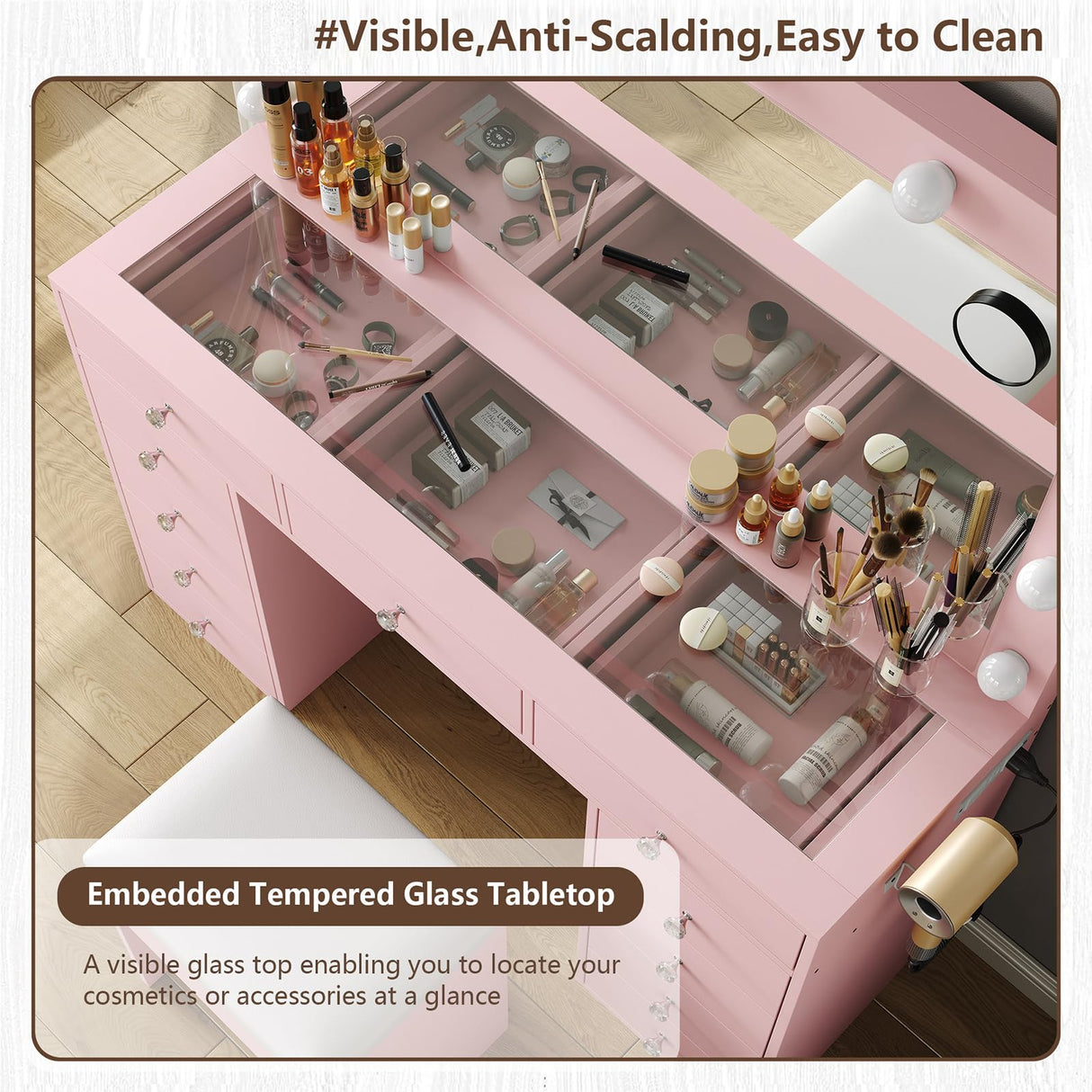 FUSOU Vanity Desk with Power Outlet, Makeup Vanity with Mirror and 12 LED Lights, 3 Lighting Modes, 11 Drawers Vanity Table with Chair, Glass Top, Vanity Set for Bedroom, Pink FUSOU
