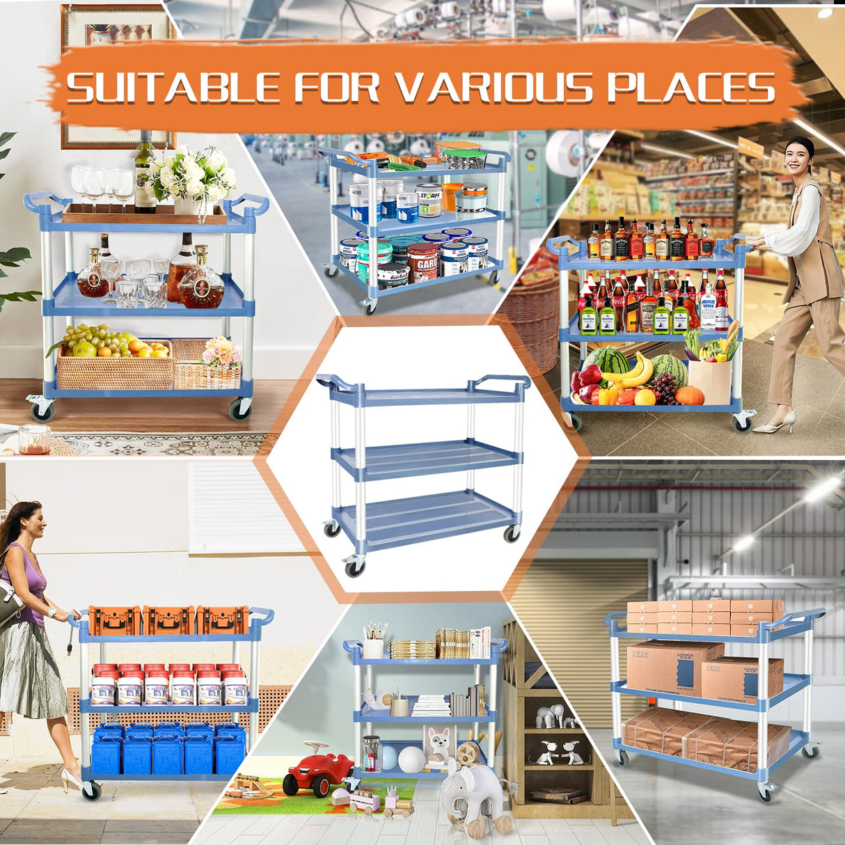 Utility Carts with Wheels Large Size Rolling Cart with Wheels Heavy Duty 600 LBS Food Cart with Lockable Wheels and Hammer for Kitchen/Office/Warehouse, 39.5" D x 19.3" W x 39.5" H(Grey Large Size) SFESGRER