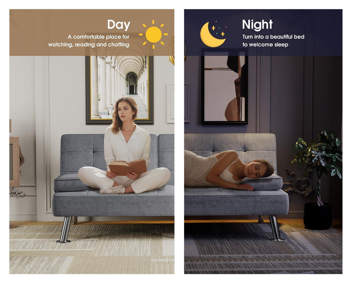 Flamaker Futon Sofa Bed Modern Folding Futon Set Linen Fabric Convertible Recliner Lounge for Living Room with 2 Cup Holders, Removable Armrests (Fabric, Grey) Flamaker