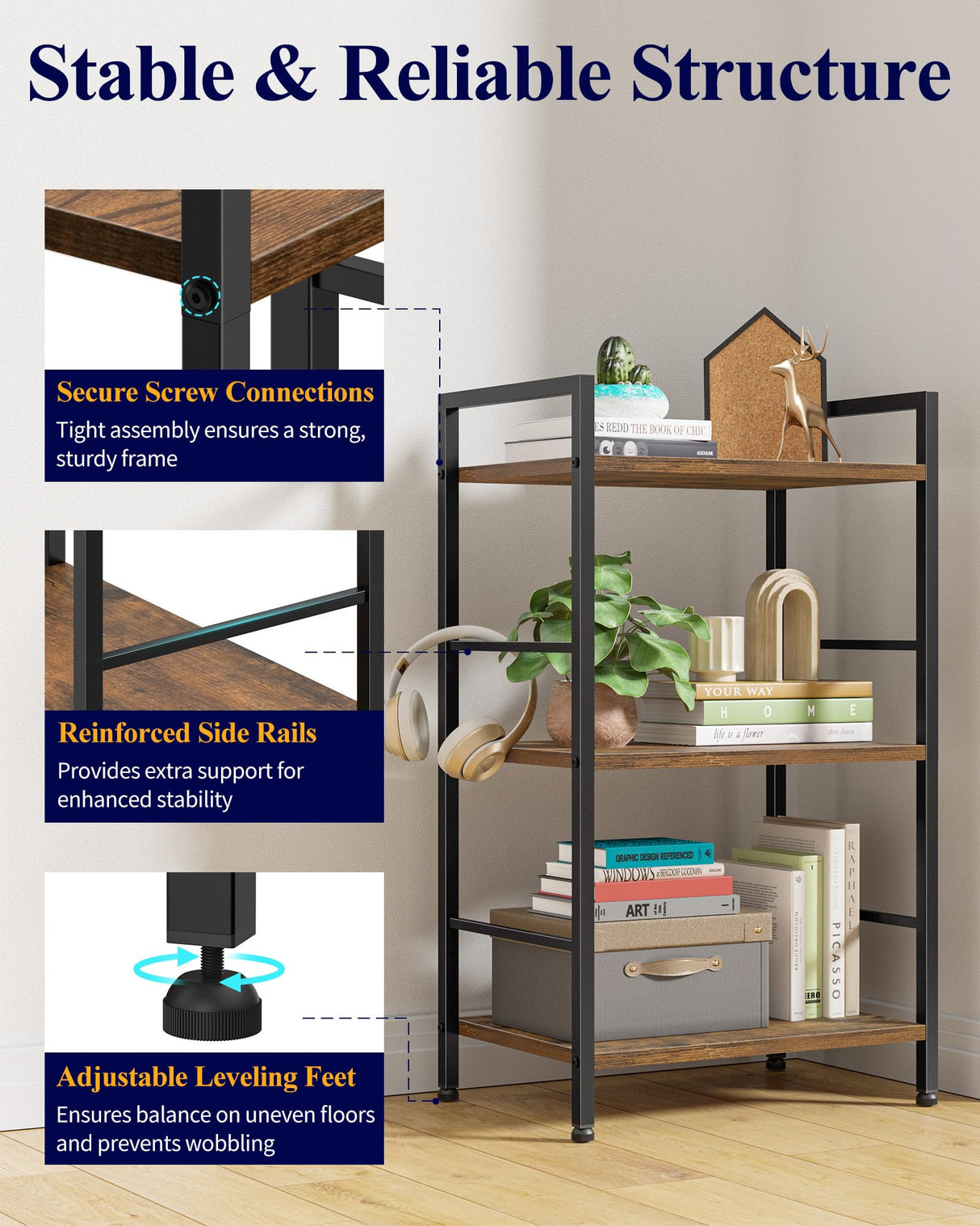 Kitsure 3-Tier Book Shelf - Wood & Metal Bookshelf with Handle & Adjustable Feet, Lightweight Bookcase for Living Room, Bedroom, Kitchen, Office or Dorm (16.5"×11.0"×28.1") Kitsure