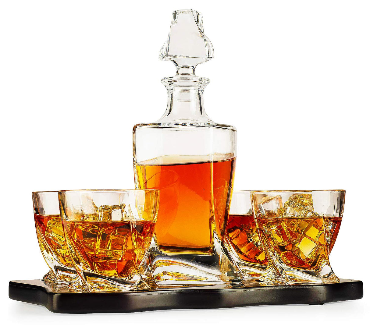 Whiskey Decanter & Glasses Crystal Set, Italian Crafted 5 Piece European Style Wine & Whiskey 855ml, With Wood Sophisticated Tray Set - Spirits, Scotch, & Bourbon Whiskey Glassware The Wine Savant
