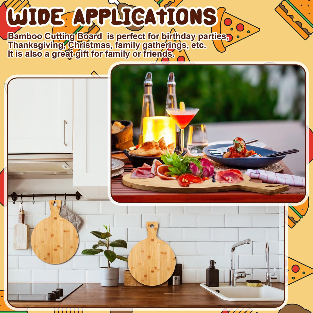Kigley 10 Pcs Bamboo Cutting Board with Handle 12 Inch Bamboo Wooden Round Cutting Board Pizza Board Kitchen Chopping Boards for Home Baking Pizza Bread Cake Cheese Fruits Vegetables Charcuterie Kigley