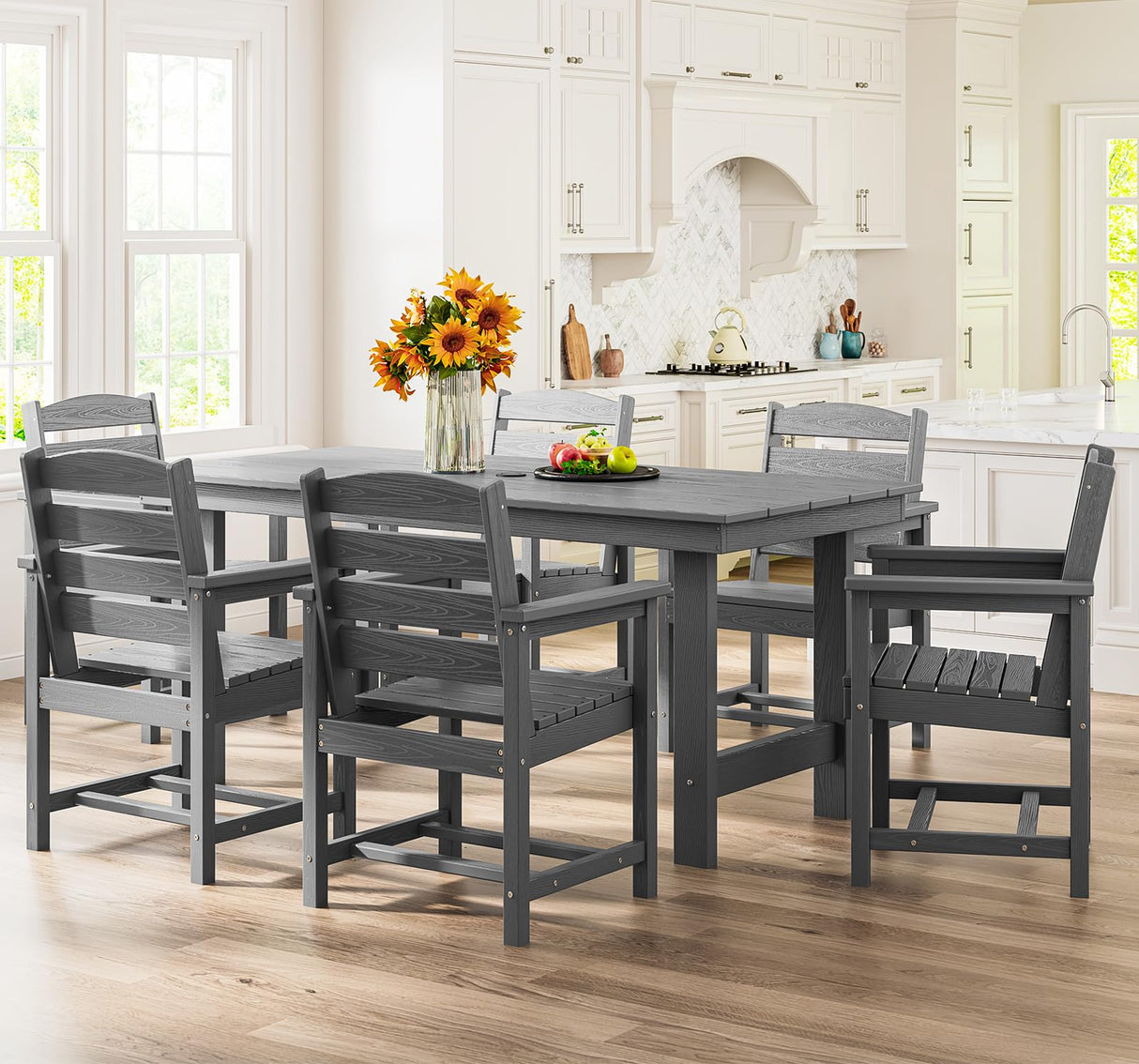 SERWALL Outdoor HDPE Dining Table Set, 7-Piece Outdoor Dining Table Sets with Umbrella Hole Cut-Out Table and 6 Chairs, Gray SERWALL