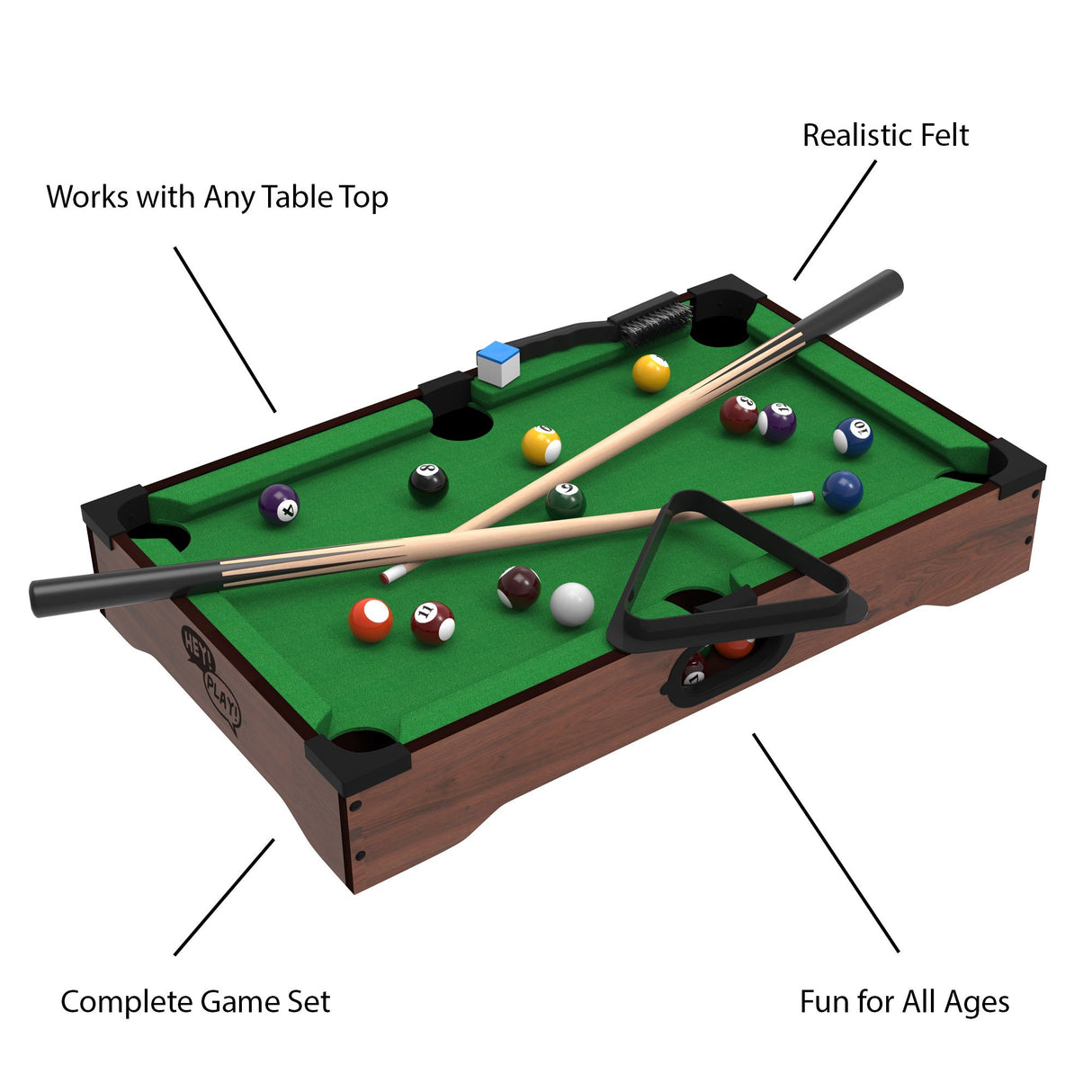 Mini Pool Table - 20-Inch Portable Tabletop Billiards Game with Cue Balls, Sticks, Chalk, Brush, and Triangle Rack - Table Games by Hey Play Hey! Play!