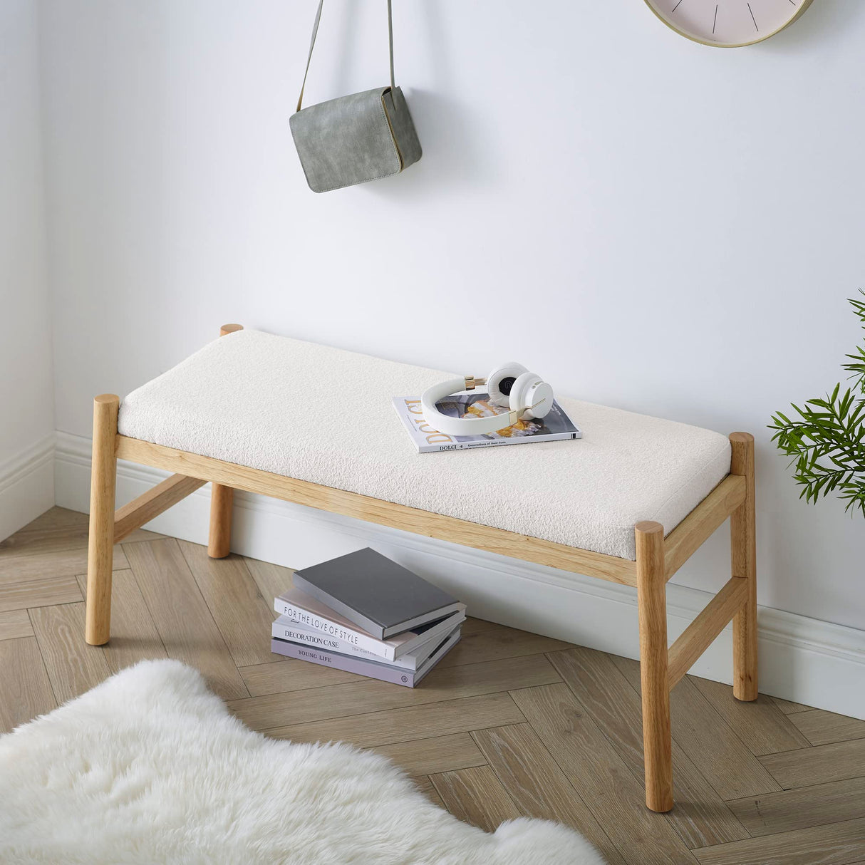 ECLYL Upholstered Entryway Bench, Bedroom Bench for End of Bed, Dining Bench with Padded Seat for Kitchen, Living Room, Fabric Rubber Wood Indoor Bench (Beige) (Beige) ECLYL