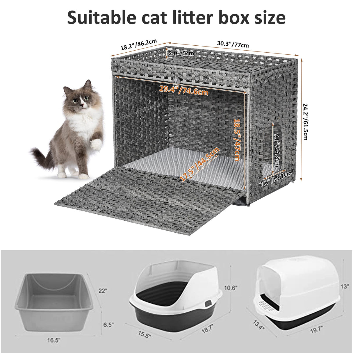 Cat Litter Box Enclosure with Soft Litter Mat; Hidden Washroom Furniture with Door; Handwoven Rattan Cat House with Large Space; Pet Crate for Living Room, Bedroom, Balcony (Grey) Honiakaka