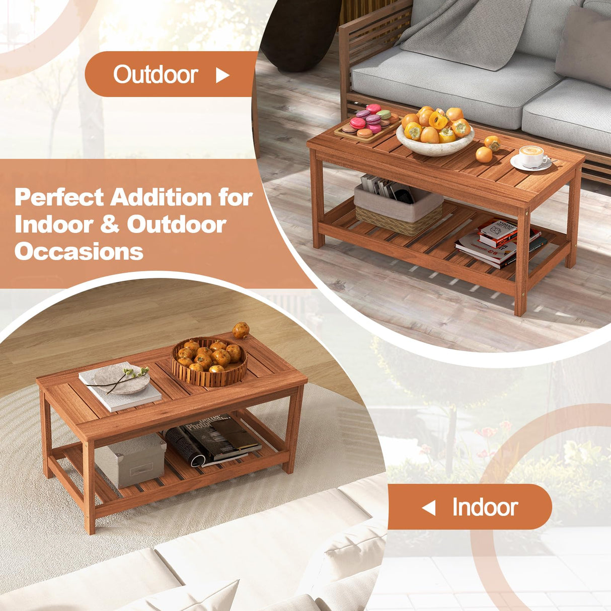 Giantex Hardwood Patio Coffee Table - 2-Tier Wooden Coffee Table with Slatted Tabletop & Storage Shelf, Outdoor Rectangular Center Table for Backyard, Garden, Poolside, Balcony & Indoor, Walnut Giantex