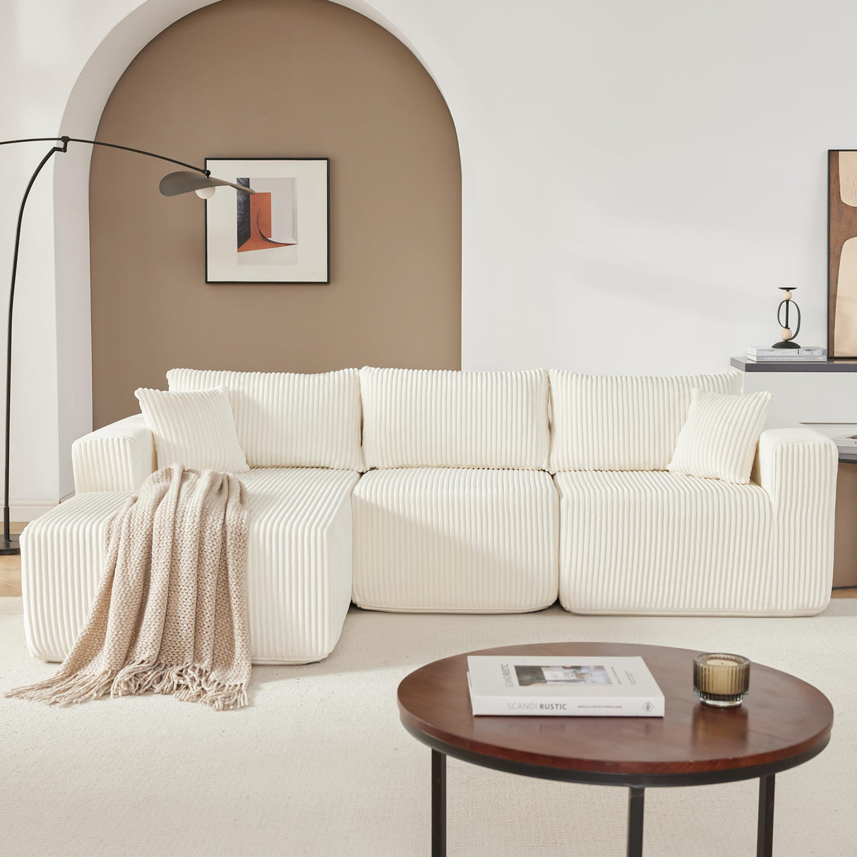 97" Boneless Couches for Living Room, Cloud Couch Sectional with Deep Seat, Comfy Couch with L-Shaped Chaise, Minimalist Upholstered Modular Sectional Sofa, No Assembly Required (Corduroy,Lvory) Huatean Home