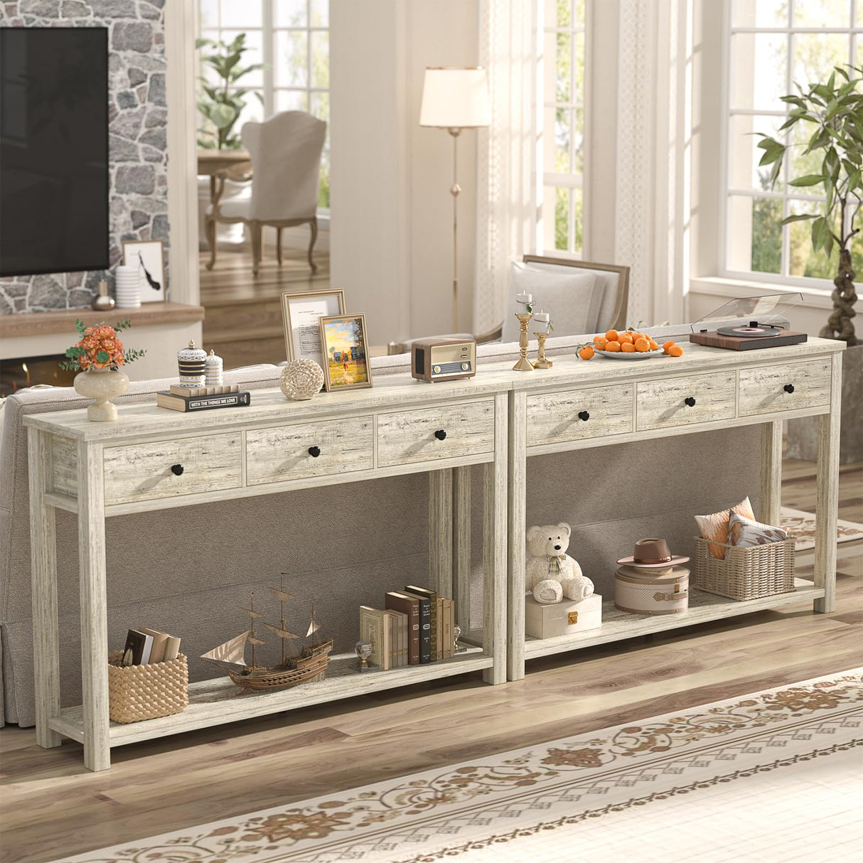 Homieasy Farmhouse Console Table with 3 Drawers, 47 Inch Wood Sofa Table with Storage Shelf for Living Room, Behind Couch, Entryway Table for Hallway, Living Room, or Foyer, Light Rustic Oak Homieasy