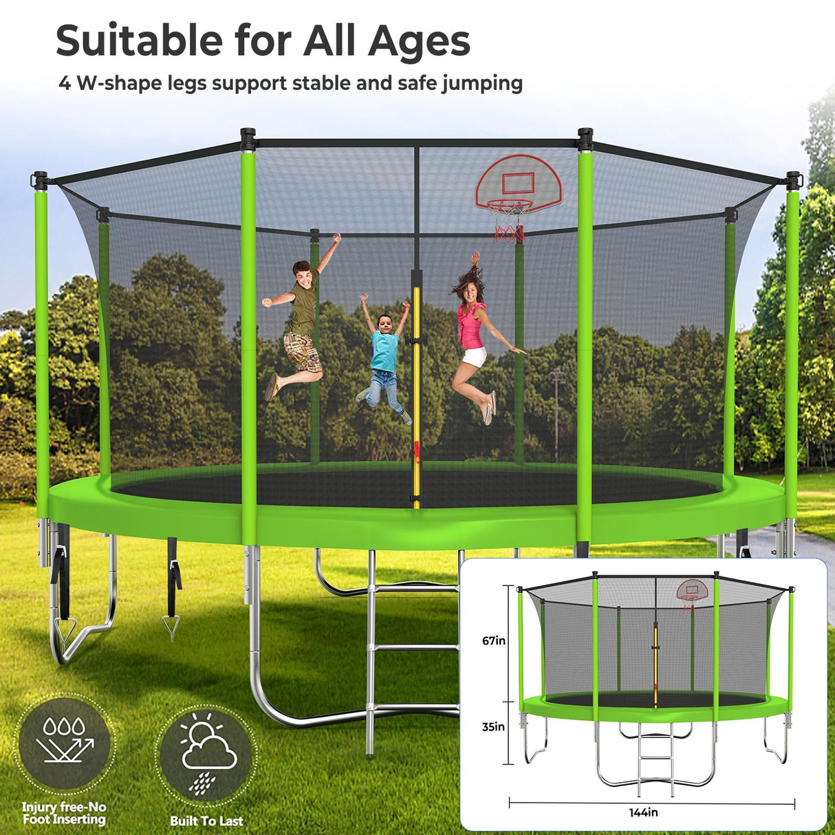 Lyromix Upgraded 12FT Trampoline for Kids and Adults, Large Outdoor Trampoline with Stakes, Light, Sprinkler, Basketball Hoop and Net, Capacity for 5-8 Kids and Adults Lyromix