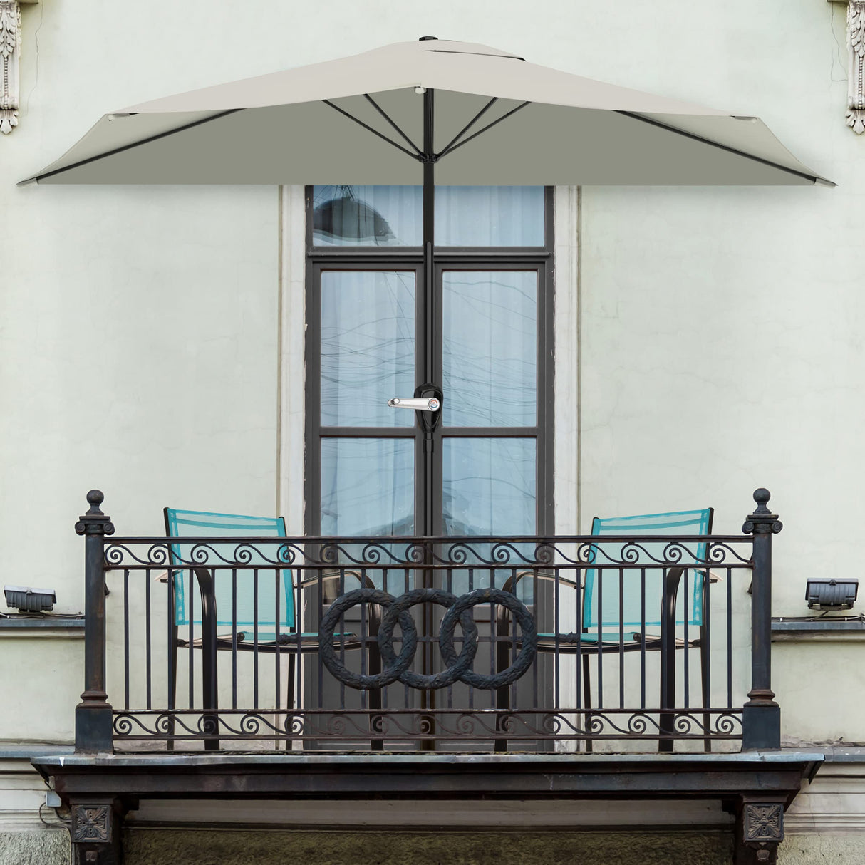 Half Umbrella Outdoor Patio Shade - 9 ft Patio Umbrella with Easy Crank - Small Canopy for Balcony, Table, or Deck by Pure Garden (Tan) Pure Garden