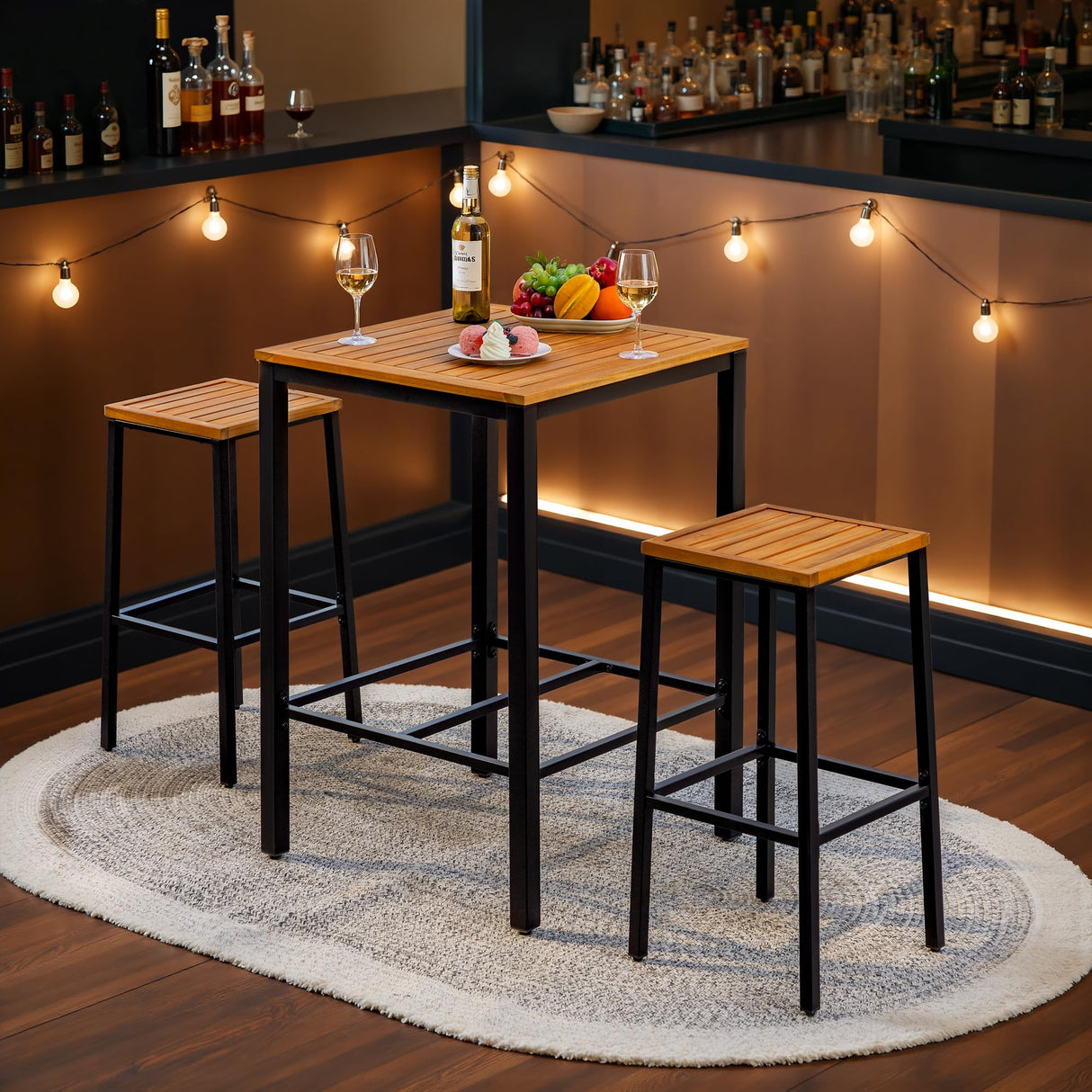 Greesum 3 Piece Patio Acacia Wood Bar Set with high Table and 2 Chairs All-Weather Outdoor Furniture for Backyard, Deck, Garden, Porch,Black Greesum