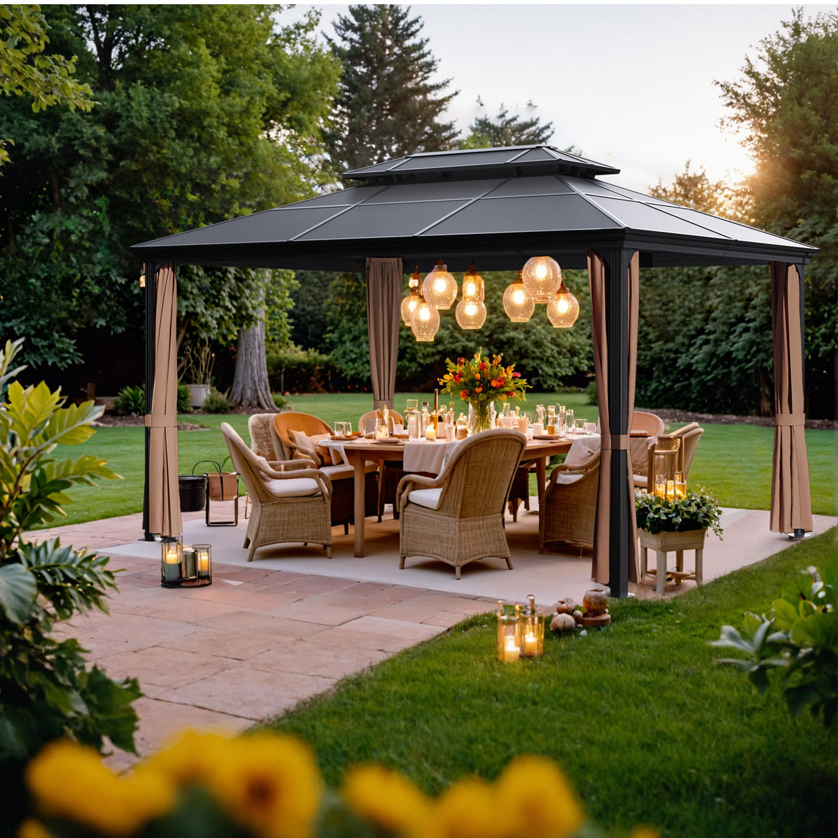 Devoko 10X13 FT Hardtop Gazebo Double Polycarbonate Roof Outdoor Canopy Gazebo with Nettings and Curtains Aluminum Frame for Patios, Gardens, Lawns (10' x13' Double Polycarbonate Roof) Devoko