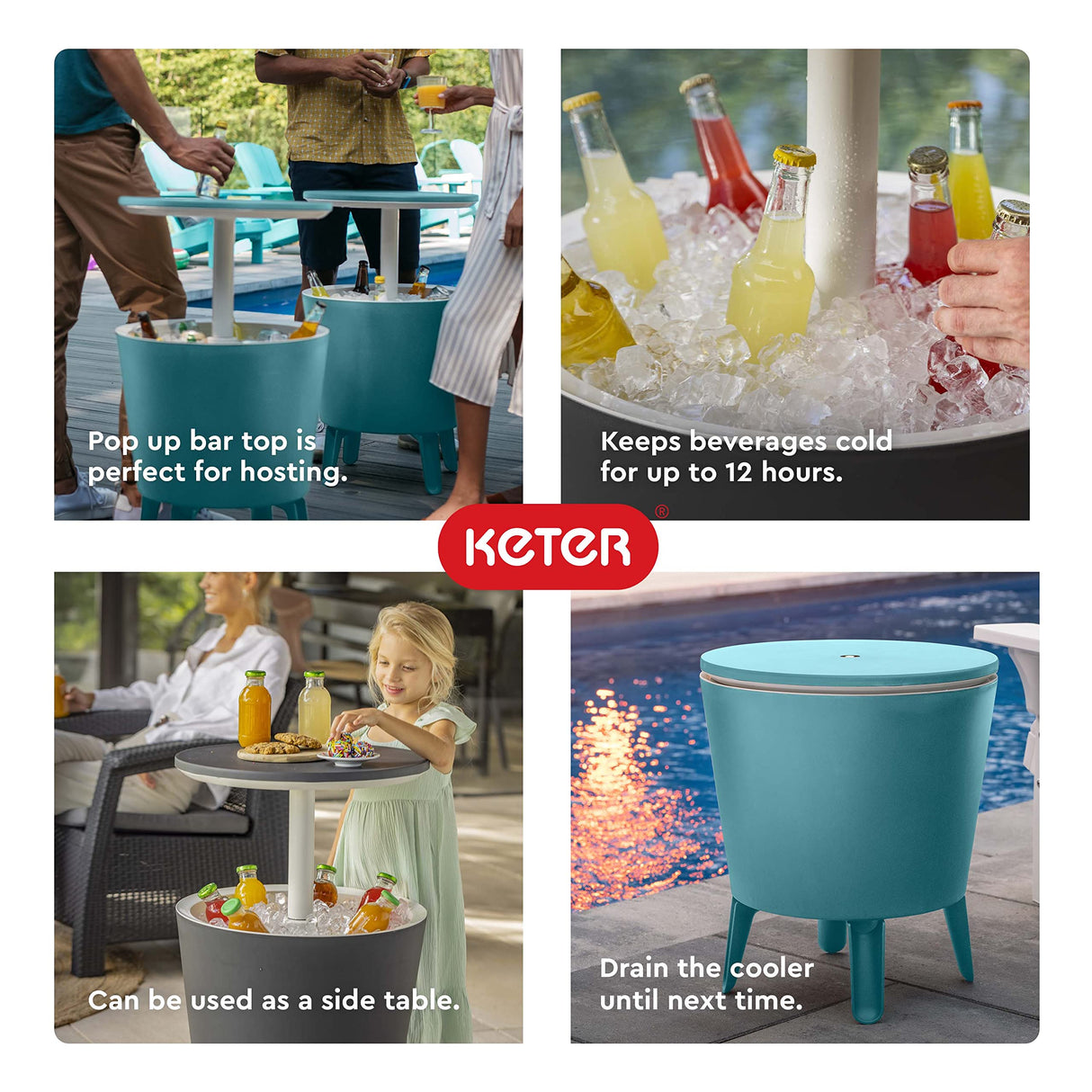 Keter Modern Cool Bar Outdoor Patio Furniture and Hot Tub Side Table with 7.5 Gallon Beer and Wine Cooler, Dark Grey Keter