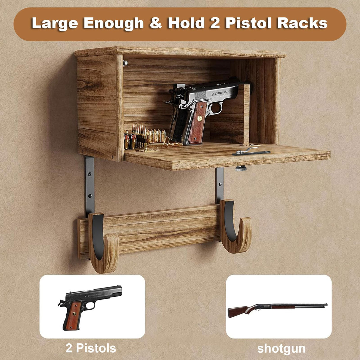 Gun Rack Wall Mount Lock Gun Racks for Wall With Storage 2 Pistol & 1 Gun, Wood Rifle Shotgun Wall Mount Gun display amoard