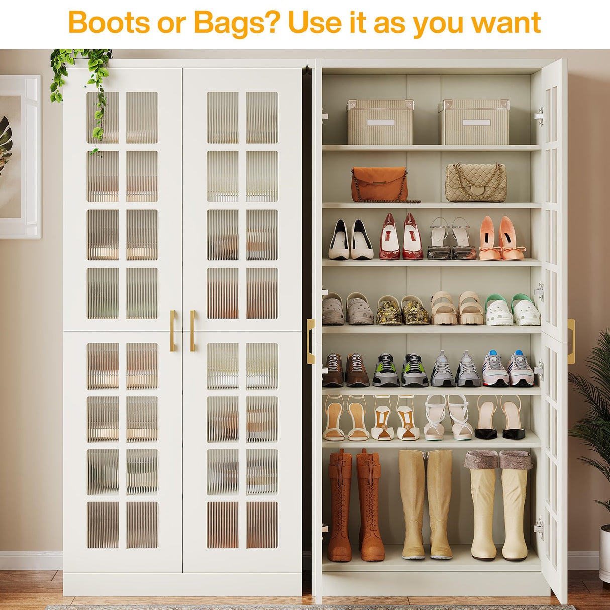 Tribesigns 71-Inch Tall Shoe Cabinet with Doors, 8-Tier Shoe Storage with Adjustable Shelves, Modern Shoe Organizer Shoe Rack Cabinet for Entryway, Hallway, Closet, Living Room, White and Gold Tribesigns