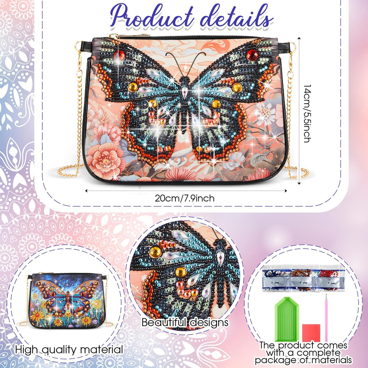 Geyoga 2 Pcs Diamond Painting Purses Diamond Art Kits for Adults Butterfly Handbag Crossbody Bag 5D DIY Shoulder Makeup Bag Chain Leather Clutch Purse Geyoga