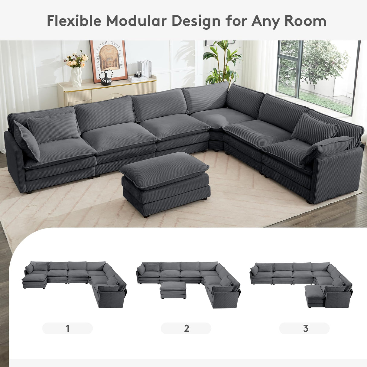 ROWHY 150'' Modular Sectional Sofa Cloud Couch, Corner Sofa Big Comfy Corduroy Oversized L Shaped Couch with 4 Pillows, Chaise, Ottoman, Deep Seat Couches for Living Room Office, Dark Grey ROWHY