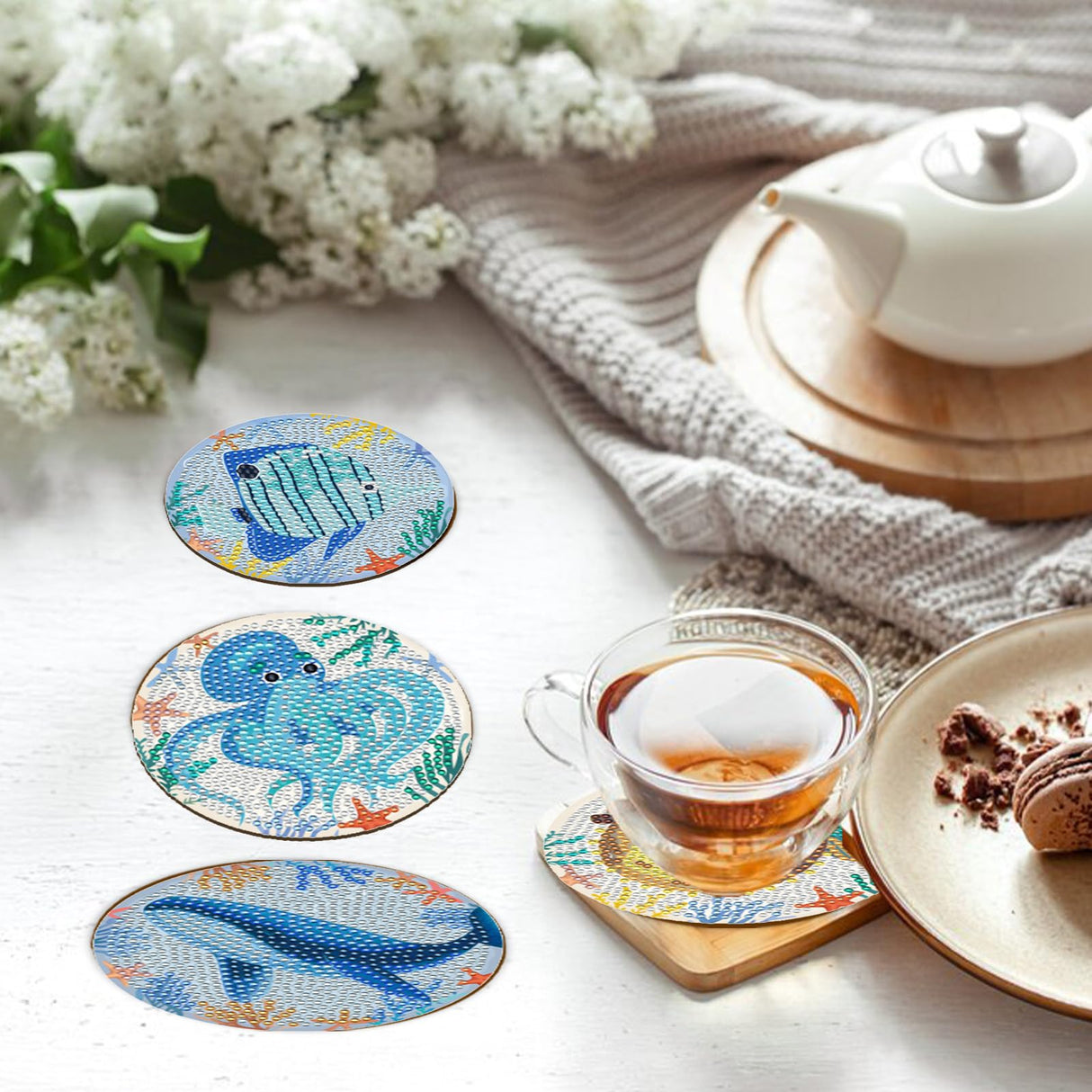 Sitsink Diamond Art Coasters Kit - Nautical Marine Life Diamond Painting Coaster Kits, Summer Ocean Animal Rhinestone Get Art Crafting for Adult Women (8 pcs) Sitsink