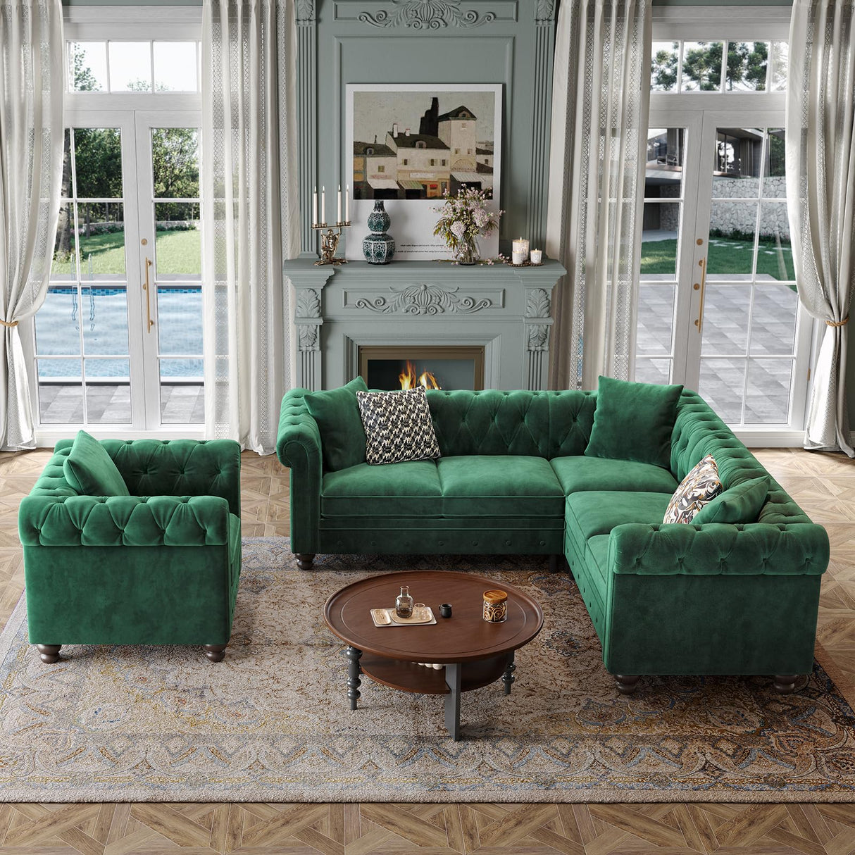 ONBRILL Chesterfield L Shaped Sofa, Velvet Sectional Couches for Living Room, Tufted Corner Couch with Rolled Arms, 3 Throw Pillows, Comfy L Shaped Sectional Sofa for Apartment, Green ONBRILL