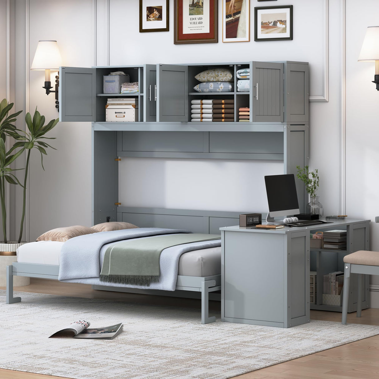 BEDGJH Queen Size Murphy Bed with Desk and Storage, Modern Wall Bed Cabinet in Gray with 600 lbs Weight Capacity BEDGJH