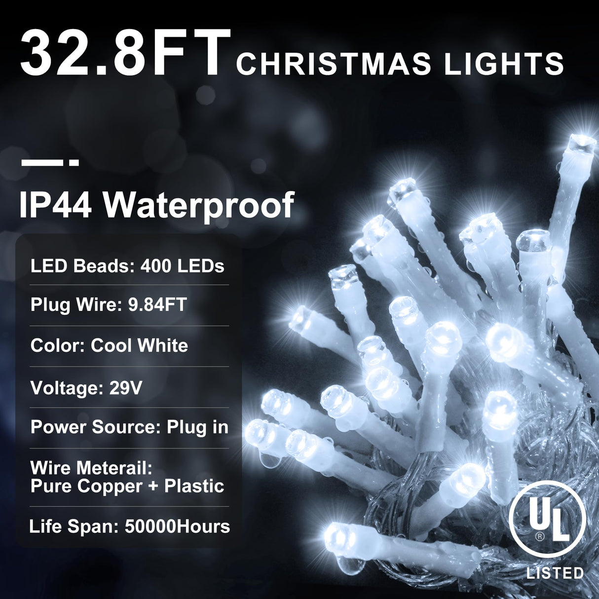 KNONEW Christmas Lights Outdoor Decorations 400 LED 33ft 8 Modes Curtain Fairy String Light with 75 Drops, Clear Wire LED String Light Decor for Wedding Party Holiday Christmas Decorations Cool White KNONEW