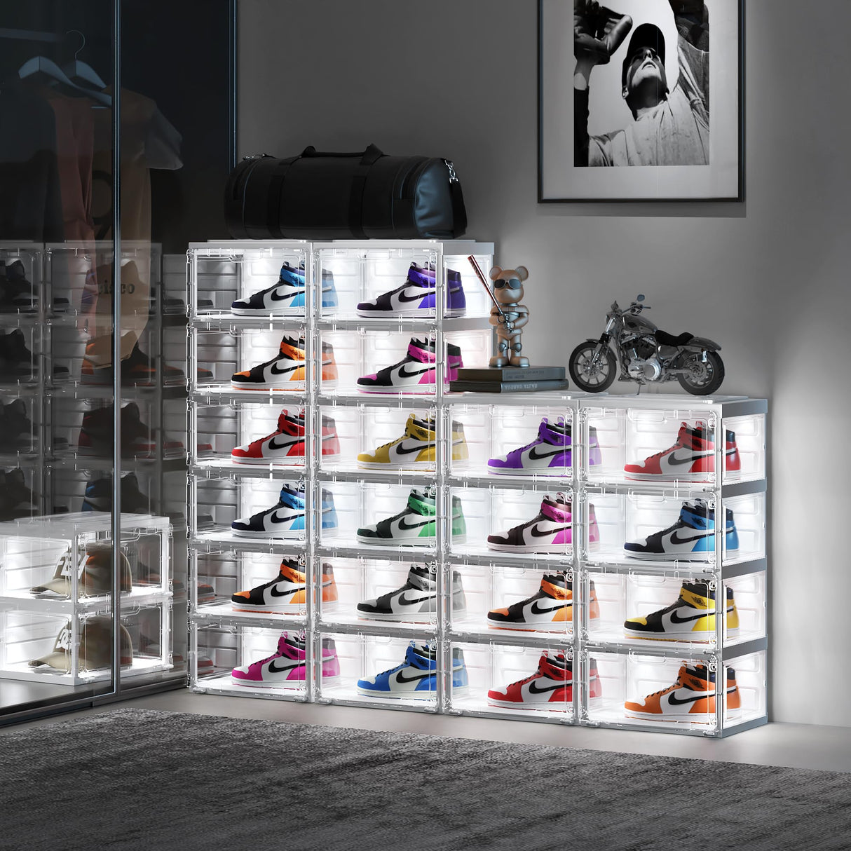 BROVIEW Led Shoe Boxes, Shoe Display Case with Lights, Large Clear Plastic Foldable Shoe Storage Box, Voice Activated Led Shoe Organizer Sneaker Case, Collection Crate, 1 Row 6 Tier White BROVIEW