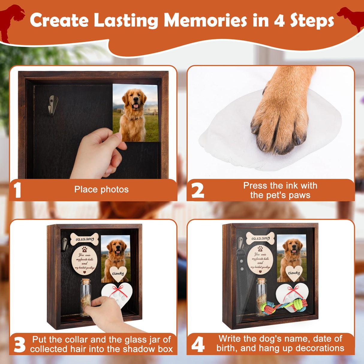 Windspeed 8.7 in Pet Memorial Shadow Box Personalized Pet Memorial Shadow Box Frame Dog Collar Dog Picture Gift Clay Paw Print Kit with Urn, Ideal Gift for Pet Lover, Can be Tabletop Wall Hanging Windspeed