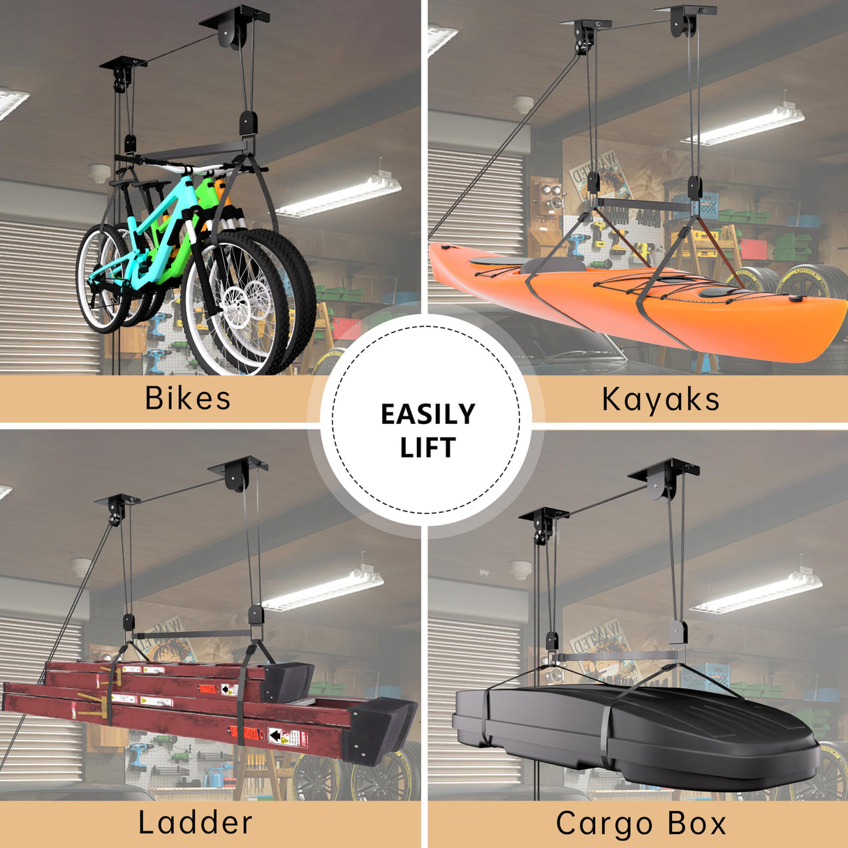 TRUSOON Ceiling Kayak Hoist, Heavy Duty Kayak Pulley System for Garage, Hold Up to 150 lbs Capacity, Canoe Garage Lift Storage System, Fit 10-14 Foot Ceilings, Black TRUSOON