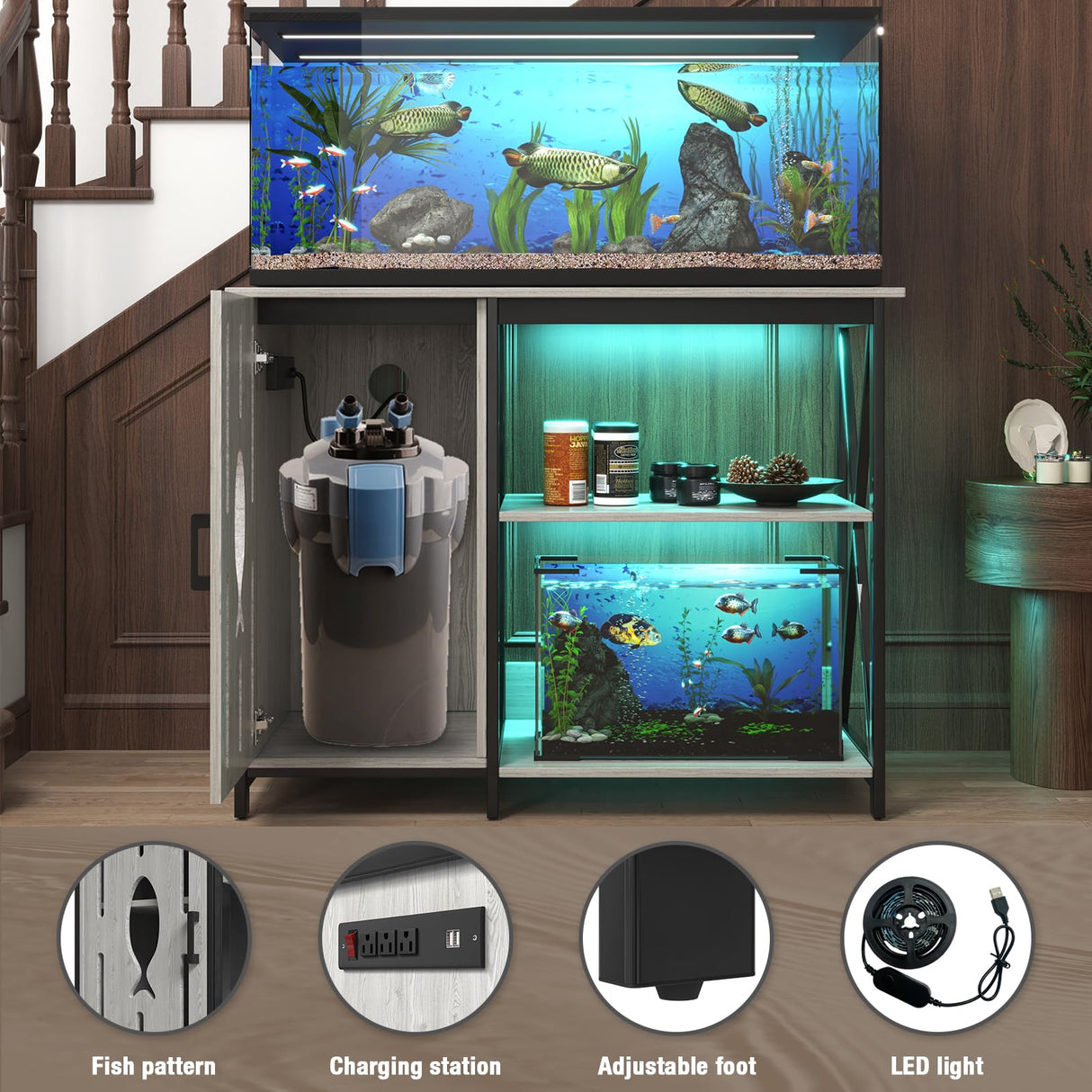 PAPIHO 40-50 Gallon Aquarium Stand,Fish Tank Stand with Cabinet Storage,Power Outlets & LED Light,Heavy Duty Metal Frame Aquarium Stand for Turtle Tank,Reptile Terrarium,800LBS Capacity,Grey PAPIHO