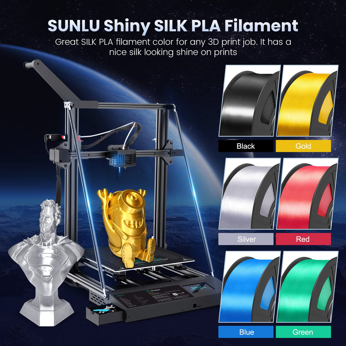 SUNLU 3D Printer Silk Filament,Shiny Silk PLA Filament 1.75mm, Smooth Silky Surface, Great Easy to Print for 3D Printers, Dimensional Accuracy +/- 0.02mm, Silk Silver 1KG SUNLU