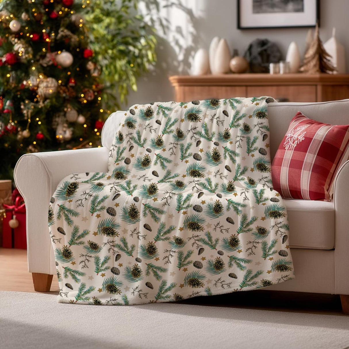 Horaldaily Christmas Flannel Blanket Throw, Holly Pine Cone Soft Fuzzy Plush Cozy Fleece Blankets for Couch Sofa Bed Lounging, Ideal Gifts for Kids Adults Wife Self, 50x60 Horaldaily