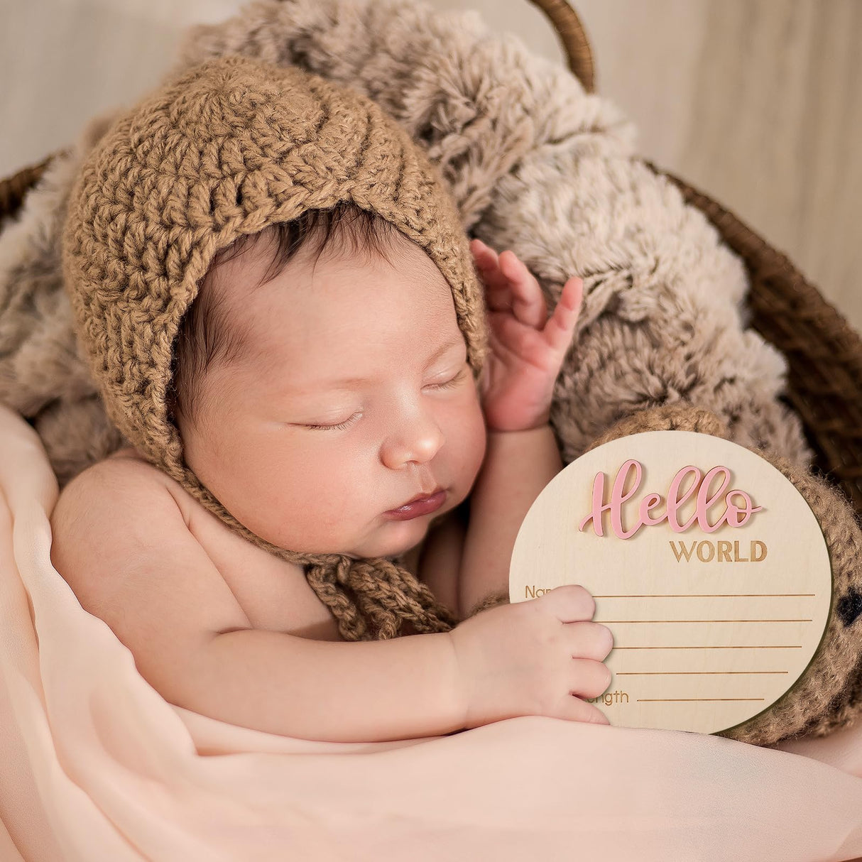 Newborn Announcement Sign, 5.9in Wooden Hello World Sign Baby Welcome Sign Birth Baby Name Plaques for Newborn Boys and Girls Photo Props Baby Shower Hospital Nursery (Light Pink) NQEUEPN