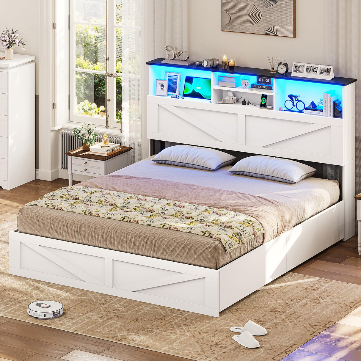 VIAGDO Farmhouse Bed Frame Queen Size with Bookcase Storage Headboard, Charging Station and LED Lights, Wooden Queen Bed Frame with 4 Drawers, Barn Door Design, No Box Spring Needed, No Noise, White VIAGDO