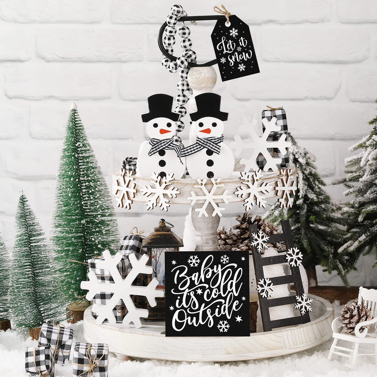 12 Pieces Christmas Winter Tiered Tray Decor Set Snowman Snowflake Table Wood Sign Farmhouse Tabletop Signs for Xmas Winter Home Table Holiday Yalikop