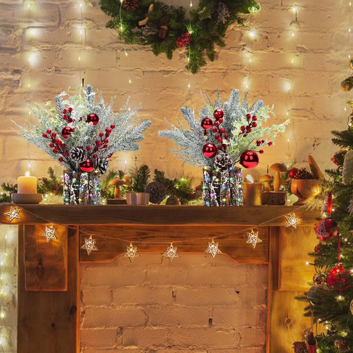 2 Pack Christmas Table Decorations, 14 Inch Christmas Centerpiece Small Potted Christmas Tree with Lights, Pine Cones and Berries, Xmas Artificial Plants for Tables, Home, Mantel Holiday Decor BHLUUIYER