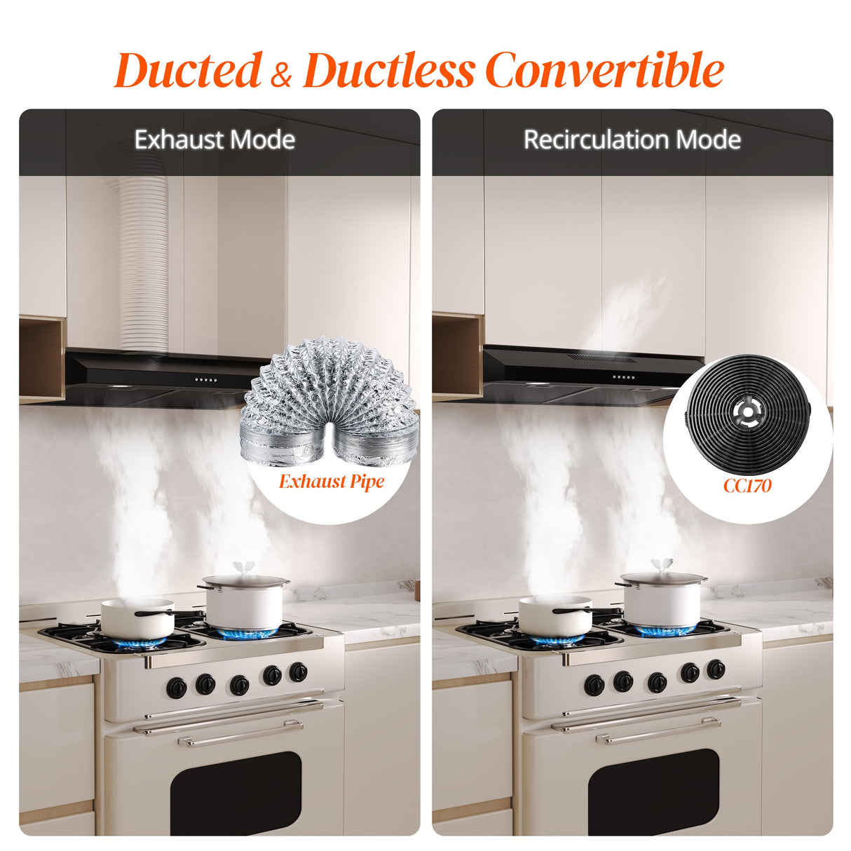 FIREGAS Black Range Hood 30 Inch Under Cabinet, Ducted/Ductless Convertible Kitchen Hood, 300 CFM, 3 Speed Exhaust Fan, Brushless DC Motor, Stove Hood Vents for Kitchen with LED Lights FIREGAS