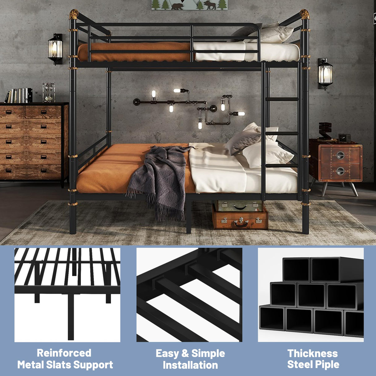 MoproBeti Queen Over Queen Industrial Bunk Beds for Teens or Adults, Heavy-Duty 2 in 1 Metal Convertible Bunk Bed with Ladder and Slats Support,15.9" High Guard Rail,Space-Saving,Noise Reduced,Black MoproBeti