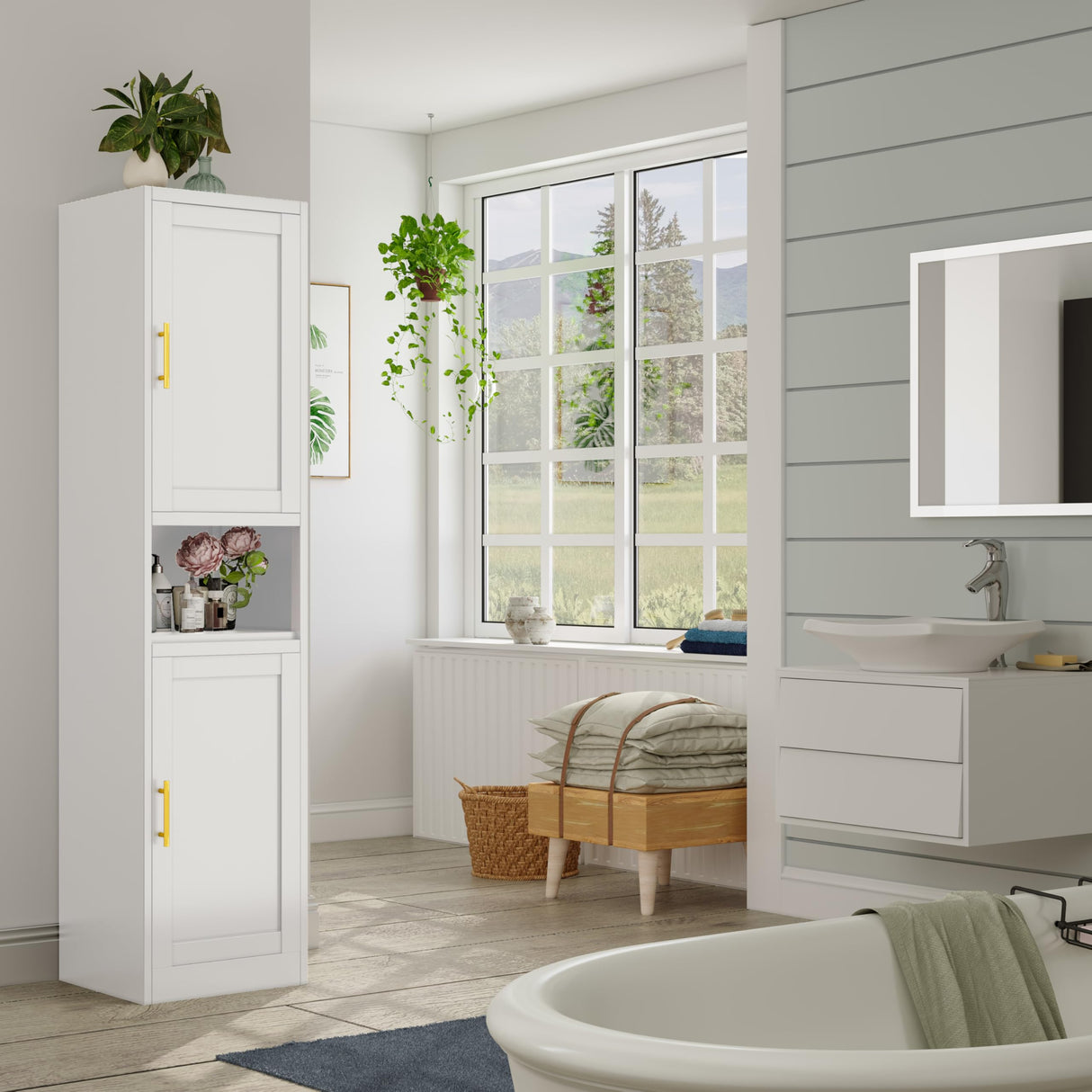 pozdeg Tall Bathroom Storage Cabinet, 67" H Metal Kitchen Pantry Cabinet with 2 Doors and 4 Adjustable Shelves, Space Narrow Bathroom Organizer for Kitchen, Living Room, Home Office pozdeg